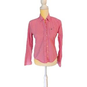 Hollister S Pink White Gingham Plaid Button Up Long Sleeve Cotton Shirt Preppy